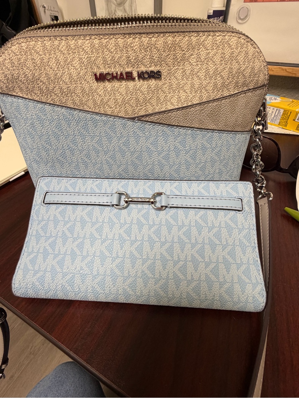 Michael Kors Light Blue and Beige Crossbody with Matching Wallet
